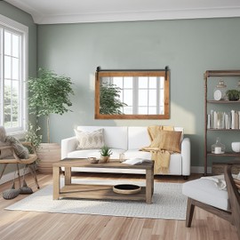 SeekElegant Farmhouse Wall Mirror, 40” x 26” Rustic Wood Framed Wall Mirrors, Barn Door Style, Large Rectangle Decorative Wall Mounted Mirror for Bathroom Living Room, Bedroom, Entryway, Brown