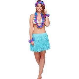5pc Hawaiian Accessories Set Grass Skirt and Hula Lei Flower Garland 5pc Beach Party Set Ladies Fancy Dress Costume