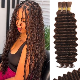 Human Braiding Hair for Boho Braids Human Hair 110g 16 Inch Curly Boho Hair for Braiding Knotless 12A Deep Wave Bohemian 3 Bundles/Pack Chocolate Brown