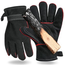 Mellbree Heat Resistant Gloves for Woodburner, Black Full Leather Heavy Duty Glove for Woodburners, Multi-Fuel Stoves, BBQs & Pizza Ovens