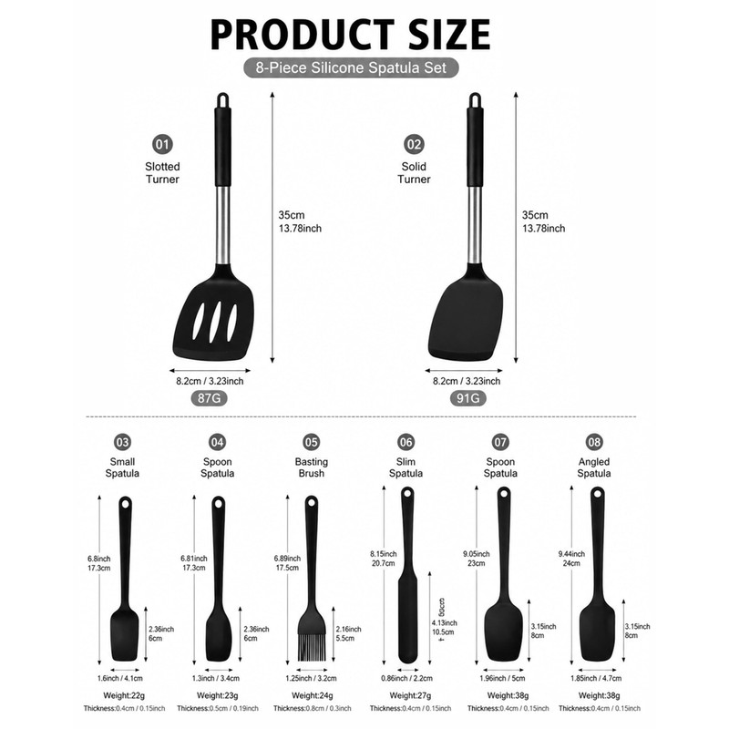 8 Pcs Silicone Spatula Set, Food Grade Kitchen Utensils Solid