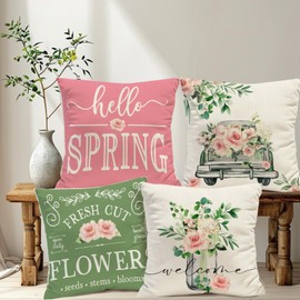 Tikeciti Hello Spring Throw Pillow Covers 18 x 18 Inch Eucalyptus Rose Floral Truck Mason Jar Pillow Case Farmhouse Seasonal Cushion Case Decoration for Sofa Couch Set of 4