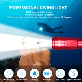 ORCATORCH D520 Scuba Dive Light 1000 Lumens Compact Diving Flashlight IP68 Waterproof Night Dive Torch Submarine Diving Lights with Rotary Switch for Underwater 150 Meters Deep Sea Diving (Red)