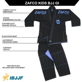 Zafco Sports Brazilian Jiu Jitsu, Kids Jiu Jitsu Gi Children BJJ Gi Grappling Kimonos Lightweight White Belt, Black/Sky-blue, 0