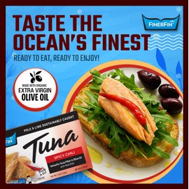 FinerFin Yellowfin Tuna Fillets in Organic Olive Oil | Spicy Chili Flavor | Premium Canned Tuna Fish with EVOO | Gourmet Ready-to-Eat Pole & Line Caught Fillets | 4.4oz can - 2 Pack
