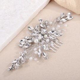 Teyglen Bride Crystal Wedding Hair Comb Bridal Headpiece Handmade Silver Rhinestone Hair Comb Piece with Pearl Hair Accessories for Women (Silver)