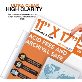 Performore 11 x 17 Sheet Protectors with 90 Microns Thick, Portrait View, Top Loading, Protect, Store and Display 11X17 Paper, Photographs, Prints, and Documents, 50 Pack