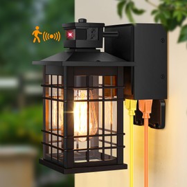 Kondras Kondras Motion Sensor Porch Light with GFCI Outlets, 11.4' Dusk to Dawn Outdoor Wall Light Black, 3 Modes Front Door Exterior Light Fixture Waterproof Outside Light Wall Mount for House Garage