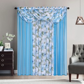 Sapphire Home Floral Sheer Curtains - Multicolor Flower 4 Panels Set with 3 Valances, 54" x 84", Privacy Voile Window Curtains for Living Room, Bedroom, Kitchen, Dining Room - Sandy/Blue