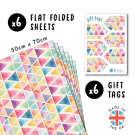 Wrapping Paper For Women - Watercolour Triangles - 6 Sheets Eco Friendly Wrapping Paper - Birthday Wedding Christmas - With Stickers - By Central 23
