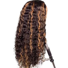 AiPliantfis Deep Wave Human Hair Wig Brown Echthaar Perücke Damen 4X1 Lace Glueless Wig Wear and Go P430 Highlight Pre Plucked 150% Density Unprocessed Brazilian Remy Hair 28 Zoll