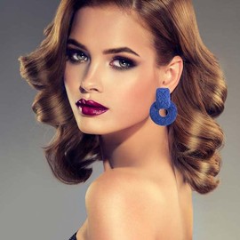 Statement Raffia Round Earrings for Women Girls,Boho Drop Handmade Braid Straw Wicker Raffia Earrings Geometric Dangle Earrings (BLUE, Zinc Alloy)