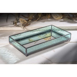 Turquoise Blue Glass Tray Mirrored Bottom Decorative Bathroom Vanity Cosmetic Makeup Organizer Jewelry Display Perfume Holder Dresser Home Décor Candle Tray Gift for Woman J Devlin Tra 126