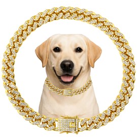 Diamond Cuban Style Dog Chain Collar Bling Gold Walking Necklace with Safety Lock Pet Jewelry for Small Medium Large Dogs Cats(Glod 10inch)
