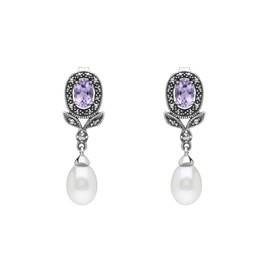 Gemondo USA 925 Sterling Silver Art Nouveau Pearl & Marcasite Drop Earrings, Sterling Silver, Amethyst