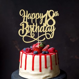 Qertesl - Decoración para tartas de cumpleaños de 18 años con purpurina dorada, alegría a 18 años, decoración para tartas de 18 años, decoración para tartas de 18 años, para hombres y mujeres