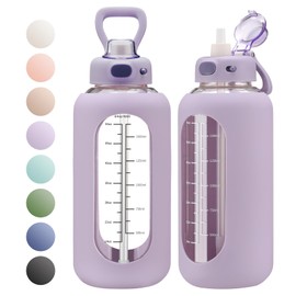 SIEROZUR 42 oz Glass Water Bottle with Straw and Handle, Large Sports Motivational Water Bottle Flask with Time Marker Leakproof Water Jug with Silicone Sleeve for Gym