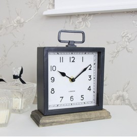ARIATI Black Metal Handle Mentel Clock on Wood Base Distressed Square London Mantle Retro Vintage Style Mantel Clock - Traditional Classic Design