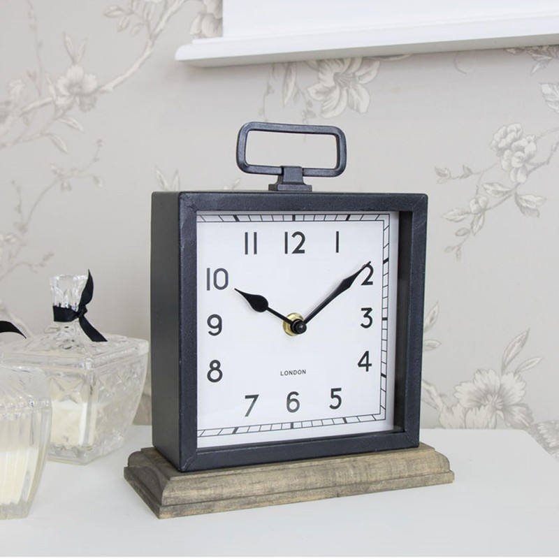 ARIATI Black Metal Handle Mentel Clock on Wood Base Distressed