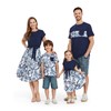 PATPAT Family Matching Dark Blue Plant Print Belted Spliced Dresses