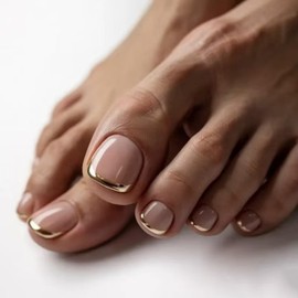 Gold French Tip Press on Toenails Short Square Fake Toenails Glossy Full Cover Stick on Toe Nail Spring Summer Toes for Women Manicure 24Pcs