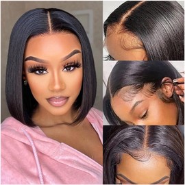 Stylqueen Bob Wig Human Hair 13x4 Lace Frontal Wigs for Black Women, Glueless Short Bob Human Hair Wigs Pre Plucked with Baby Hair 14 Inch 150 Density Natural Color