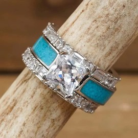 925 Sterling Silver Retro Palace Imitation Turquoise Diamond Set Ring with White Opal Popular White Diamond CZ Wedding Engagement Zircon Ring Size 7