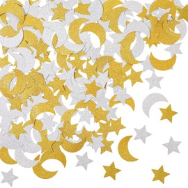 400 Pieces Glitter Star and Moon Paper Confetti Double Side Table Paper Confetti Sequin for Wedding Birthday Baby Shower Moon and Star Party Ramadan Mubarak Decor (Gold, Silver)