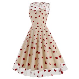 Valentines Dresses for Women Tulle Dresses for Party Sheer Mesh Heart Printed Mini Dress Fit and Flare Homecoming Dresses Sleeveless Wedding Guest Dresses Summer Cocktail Party Dress Apricot Heart M