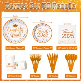 350pcs Class of 2025 Graduation Plates and Napkins Set, Disposable Paper Plate Set Polka Dots Napkins Cups Knife Fork Spoon for Graduation Party Decorations and Supplies,Serve 50 (White Orange)