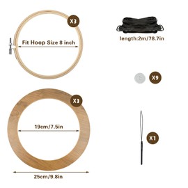 3 Sets Embroidery Display Frame with Bamboo Hoops, 8 Inch Round Wall Mounted Embroidery Hoop Frame for Finished Cross Stitch, Needlework, DIY Art Craft Sewing Decoration