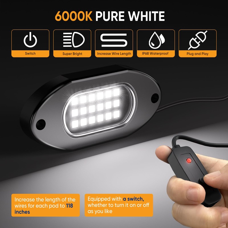 Honalia Pure White Rock Lights for Trucks 12 Pods, 6000K