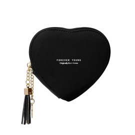 FuninCrea Coin Purse, PU Leather Keychain Wallet Cute Small Pouch Change Purse wth Zipper, Heart-Shaped Women's Wallets with Keychain for Women Girls Cards Key Change Coin Holder (Black)
