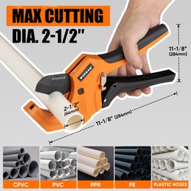 PINOZE PVC Pipe Cutter Cuts up to 2-1/2”, Aluminum Ratchet Pipe Cutter Tool Heavy-Duty for PVC, PPR, PE, PEX, Plastic Hoses & Plumbing Pipes, Fast Pipe Tube Cutters with Teflon Coated SK5 Blade