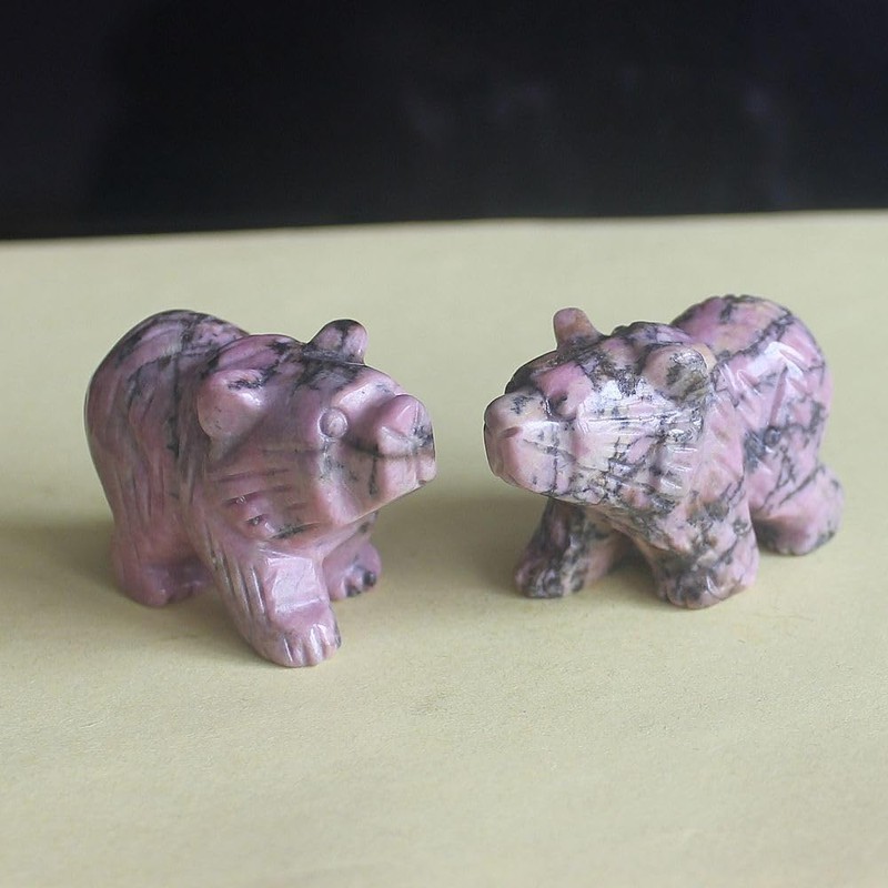 Hand Carved Mixed Gemstone Crystal Bear Figurine Animal Carving (Rhodonite)