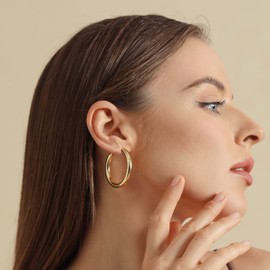 Thick Gold Hoop Earrings for Women, 18K Real Gold Plated 925 Sterling Silver Post Small Chunky Hoops Earrings, Hypoallergenic Big Large Statement Tube Design Earring Gift 40mm
