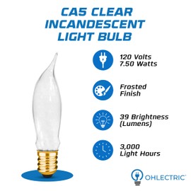 OHLECTRIC CA5 Candelabra Bulbs (12-Pack |Frost) 7.5 Watt Flame Tip Shape Bulbs, E12 Candelabra Base, Dimmable, Decorative Candle Light Bulbs for Chandeliers, 60 Lumens, Warm White 2700K