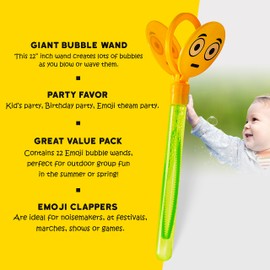 Toyrifik 12” Giant Bubble Wand with Emoji Clapper, Bulk 12 Big Bubbles Wands Pack (1 Dozen)- for Kids, Summer, Outdoor Activity, Party Favor, Toys, Pool