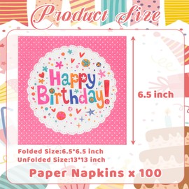100 PCS Happy Birthday Paper Napkins, 13 x 13 Inches Colorful Flowers Dots Cocktail Napkins, 2-Ply Pink Disposable Hand Towels Napkins for Luncheon, Kids Birthday, Baby Shower Party Supplies