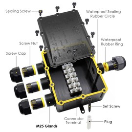 IP68 Waterproof Junction Box, HUYU 4-Way Outdoor Cable Connectors with 4 Cable M25 Gland Wire Connector Electrical Junction Box for 4-14 mm Diameter Cable, Black