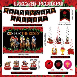 Kentucky Derby Decorations 36Pcs Run for The Roses Horse Racing Party Banner Balloons Table Honeycomb Centerpieces Hanging Swirls Kit for Horse Racing Festival Birthday Baby Shower Party Supplies