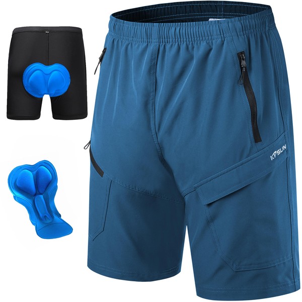 Men's Mountain Bike Shorts 3D Padded Baggy Bicycle Cycling Riding Shorts Quick Dry Lightweight Biking Shorts(Blue L)