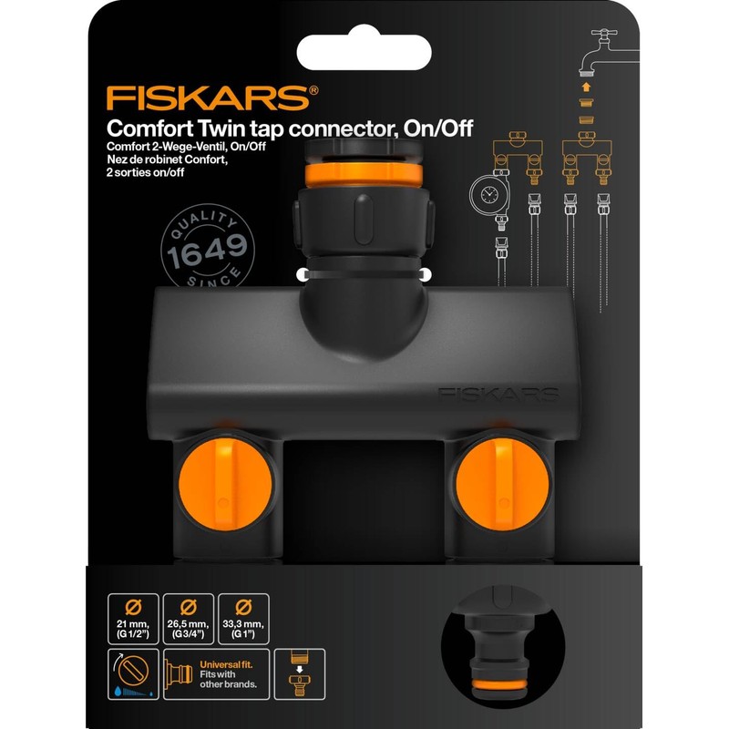 Fiskars 2-way valve, with on/off switches, for 3 thread sizes