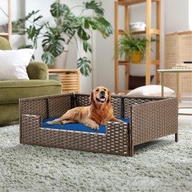 YITAHOME Rattan Dog Sofa Bed with Cushion,Wicker Pet Bed Sofa Couch Indoor Outdoor Water Resistant for Large Medium Small Dogs Cats (38.6''L*26.4''W*15''H,Blue)