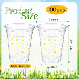 Jingmore 100 Pcs 12 oz Daisy Plastic Cups Disposable Clear Daisy Flower Groovy Party Cups for Summer Wedding Birthday Party Decorations