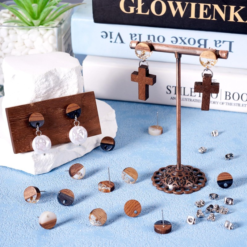 PandaHall 30pcs Resin Wood Stud Earrings, 10mm Flat Round Wooden