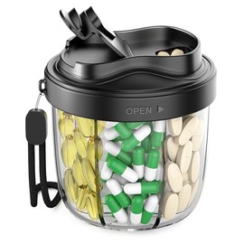 Pill Organizer,Pill Dispenser with 7 Large Compartments,Portable Pill Box for Travel Essentials,Anti-Mix Design & Wide Opening Design,Easy Access to Vitamin Dispenser,Includes 20 Blank Stickers（Black）