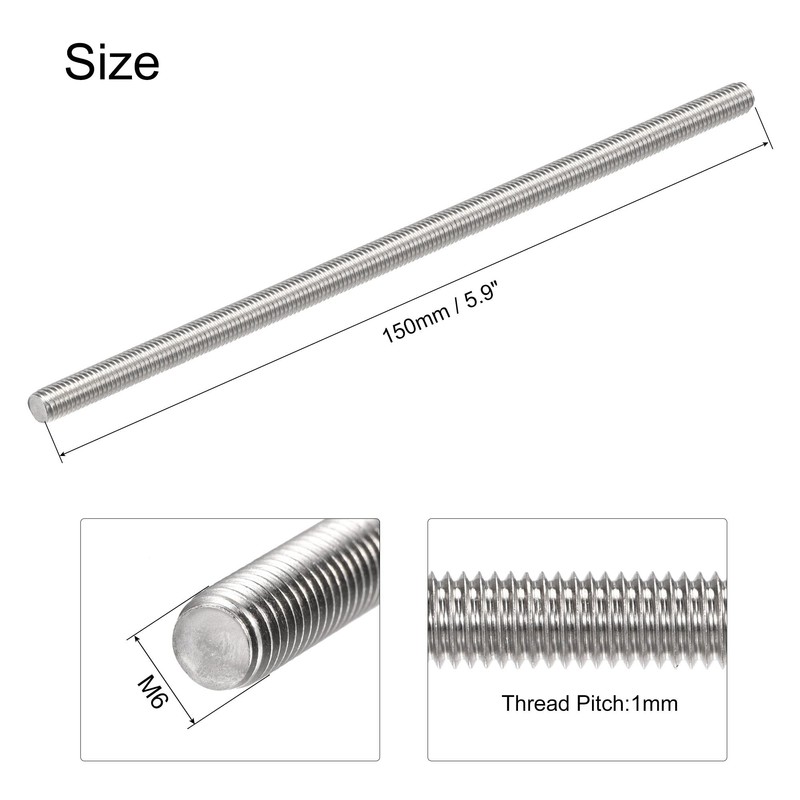 sourcing map 2Pcs M6 x 150mm Fully Threaded Rod 304