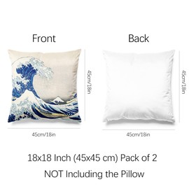 Berkin Arts Decorative Square Throw Pillow Covers Farmhouse Cushion Cases Designed of Art Landscape, Polyester Blend. Pack of 2, 18x18 Inch. Japanese Décor for Couch (The Great Wave by Hokusai)
