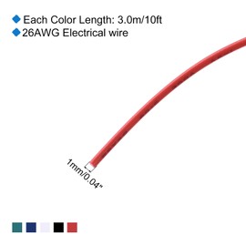 sourcing map 26 Gauge PVC Hookup Wire 3.0m/10ft 26AWG Flexible Electrical Wire UL1007 Tinned Copper Stranded 5 Color, 1mm Dia for Model Aircraft Electric Appliances Internal Connect
